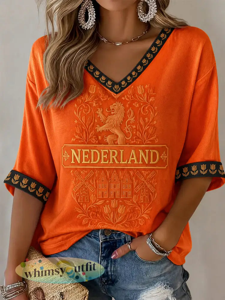 Damescadeau voor voetbalfans casual T-shirt met halve mouwen en V-hals bedrukt - Sinaasappel / S