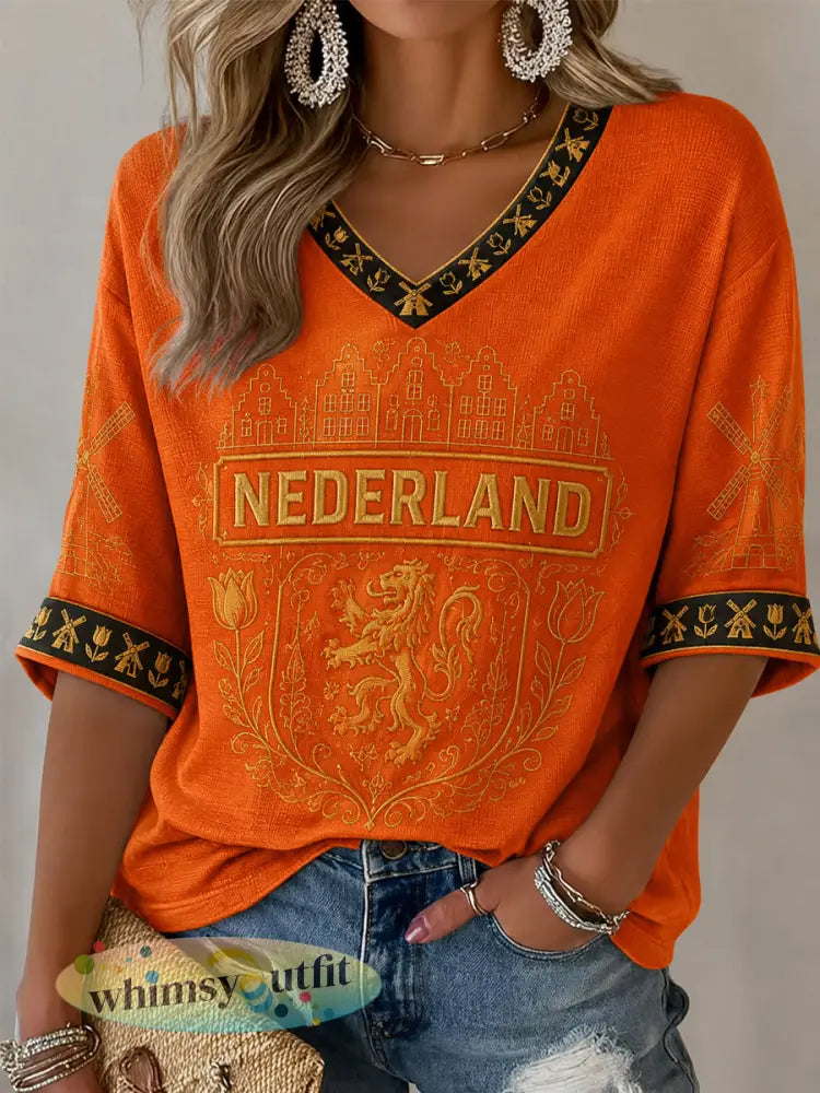 Damescadeau voor voetbalfans casual T-shirt met halve mouwen en V-hals bedrukt - Sinaasappel / S