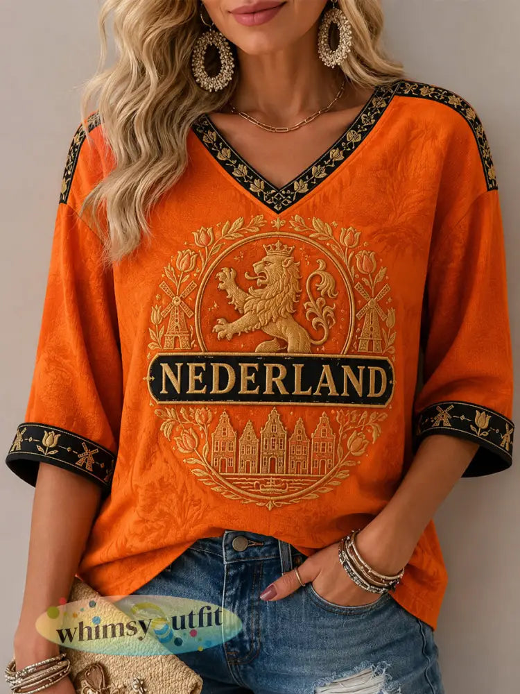 Damescadeau voor voetbalfans casual T-shirt met halve mouwen en V-hals bedrukt - Sinaasappel / S