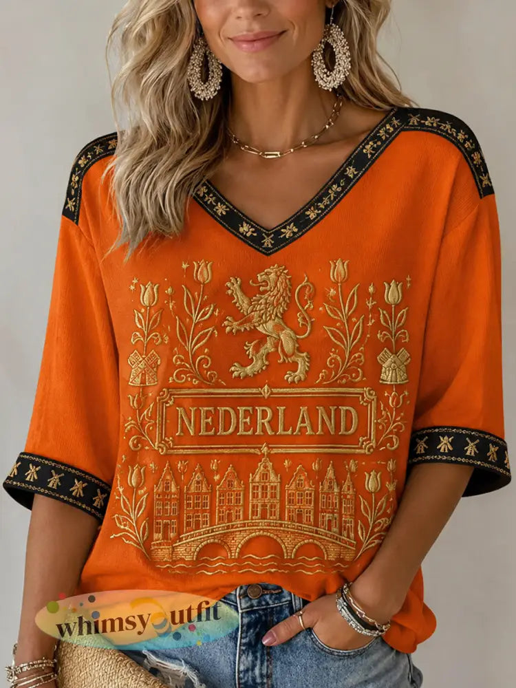 Damescadeau voor voetbalfans casual T-shirt met halve mouwen en V-hals bedrukt - Sinaasappel / S