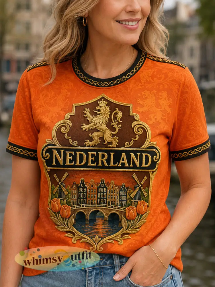 Damescadeau voor voetbalfans casual T-shirt met opdruk - Sinaasappel / S