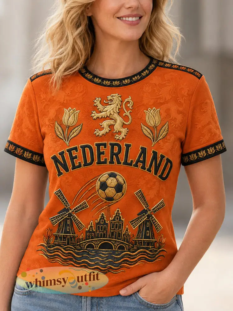 Damescadeau voor voetbalfans casual T-shirt met opdruk - Sinaasappel / S