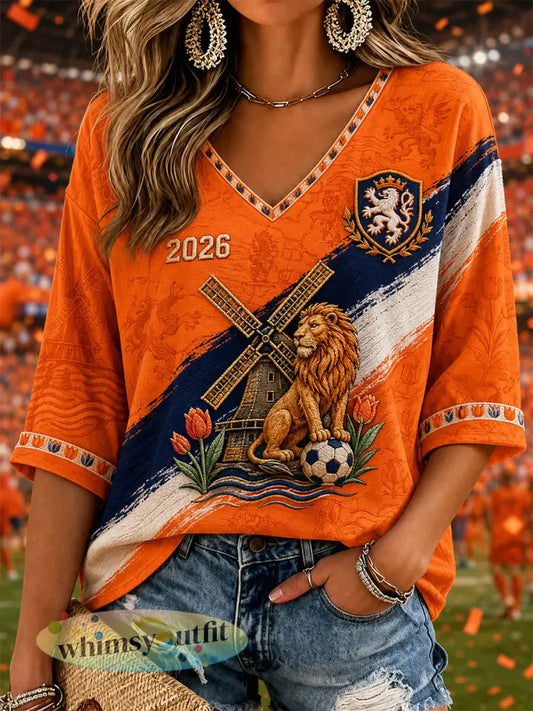 Damescadeau voor voetbalfans casual T-shirt met V-hals en print - Sinaasappel / S