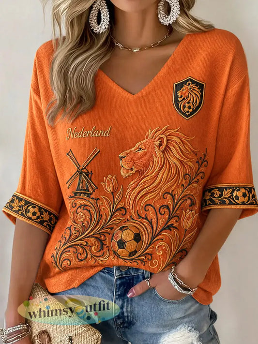 Damescadeau voor voetbalfans casual wafeljersey met halve mouwen en print - Sinaasappel / S