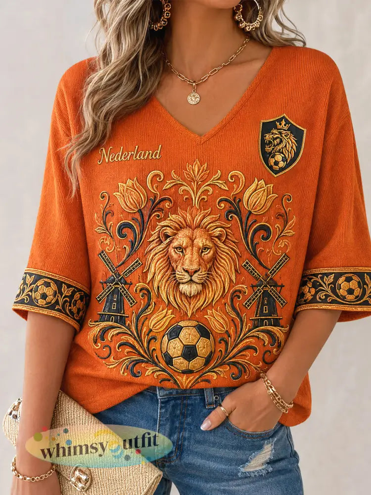 Damescadeau voor voetbalfans casual wafeljersey met halve mouwen en print - Sinaasappel / S