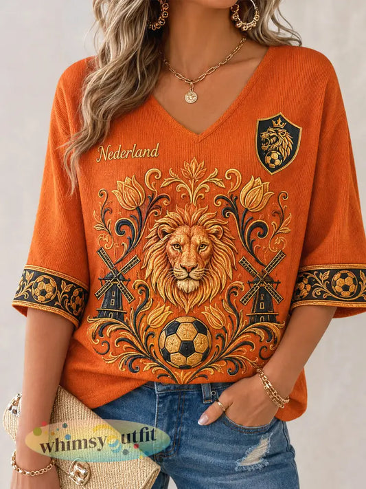 Damescadeau voor voetbalfans casual wafeljersey met halve mouwen en print - Sinaasappel / S
