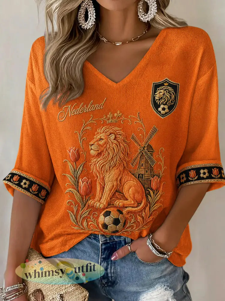 Damescadeau voor voetbalfans casual wafeljersey met halve mouwen en print - Sinaasappel / S