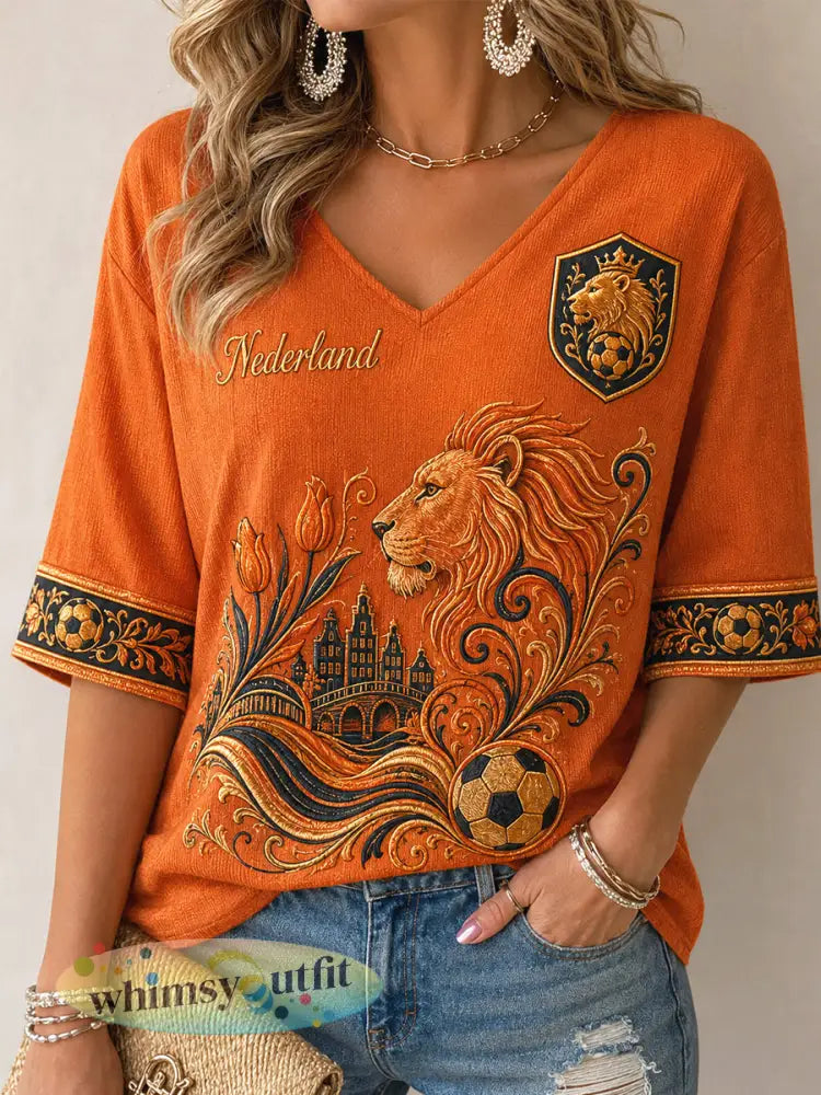 Damescadeau voor voetbalfans casual wafeljersey met halve mouwen en print - Sinaasappel / S