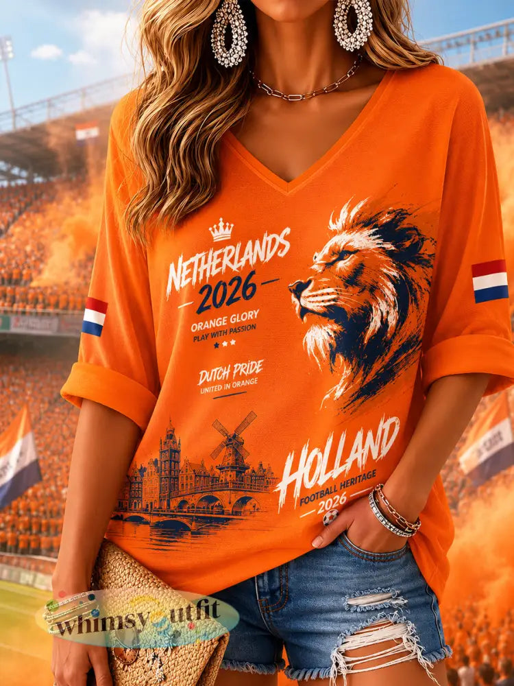 Damescadeau voor voetbalfans T-shirt met print casual middellang mouwen en V-hals - Sinaasappel / S