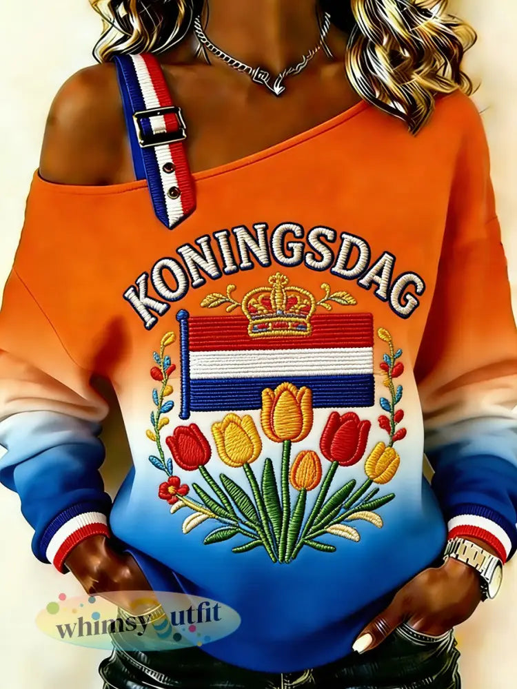 Damescamisole-sweatshirt in etnische stijl met Koningsdag-print en schouderloos ontwerp - A / S