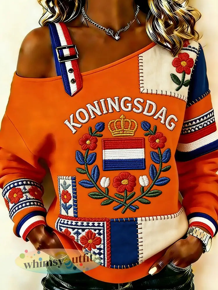 Damescamisole-sweatshirt in etnische stijl met Koningsdag-print en schouderloos ontwerp - A / S