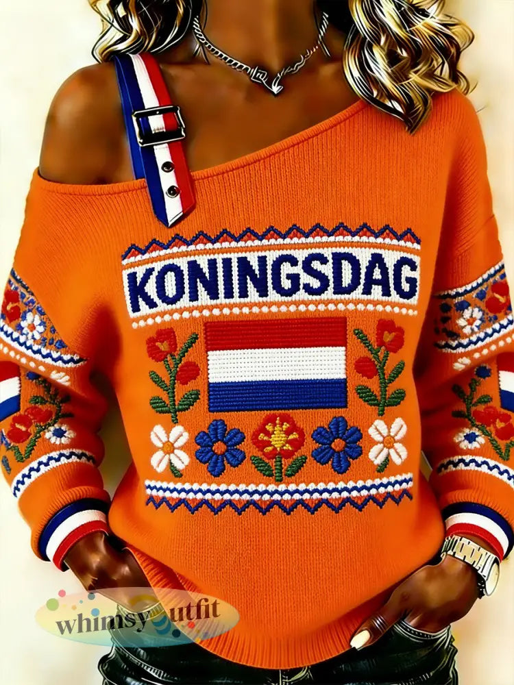 Damescamisole-sweatshirt in etnische stijl met Koningsdag-print en schouderloos ontwerp - A / S
