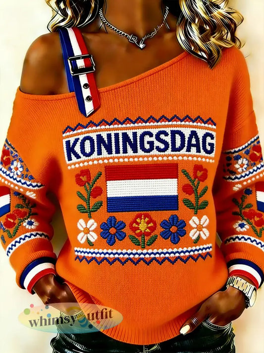 Damescamisole-sweatshirt in etnische stijl met Koningsdag-print en schouderloos ontwerp - A / S