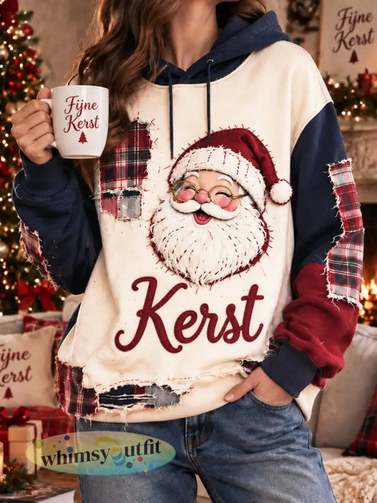 Damescasual hoodie met kerst- en Schotse ruitprint - Romig-Wit / S