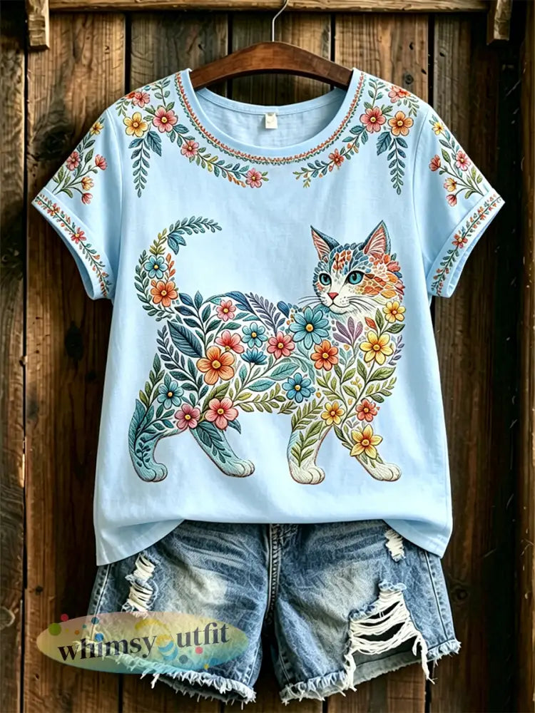 Damescasual T-shirt met bloemen- en kattenprint - Lichtblauw / S