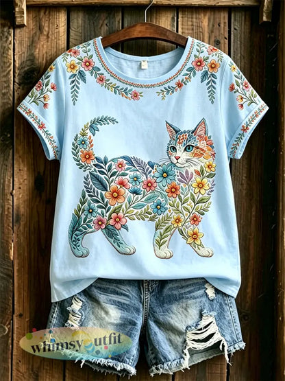 Damescasual T-shirt met bloemen- en kattenprint - Lichtblauw / S