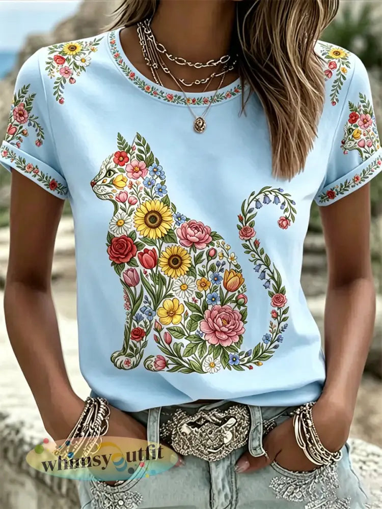 Damescasual T-shirt met bloemen- en kattenprint - Lichtblauw / S