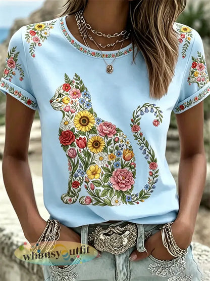 Damescasual T-shirt met bloemen- en kattenprint - Lichtblauw / S
