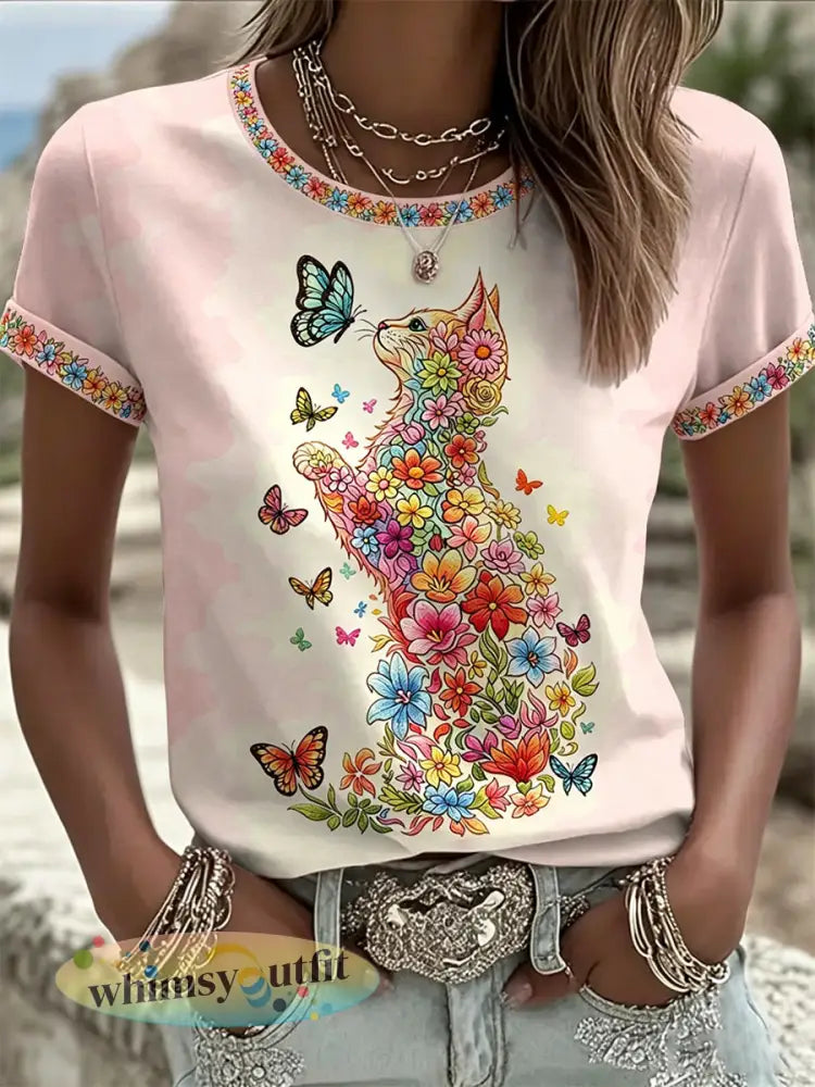Damescasual T-shirt met bloemen- en kattenprint - Lichtroze / S
