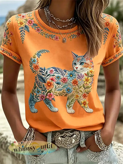 Damescasual T-shirt met bloemen- en kattenprint - Oranje / S