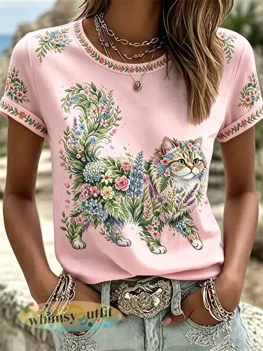 Damescasual T-shirt met bloemen- en kattenprint - Roze / S