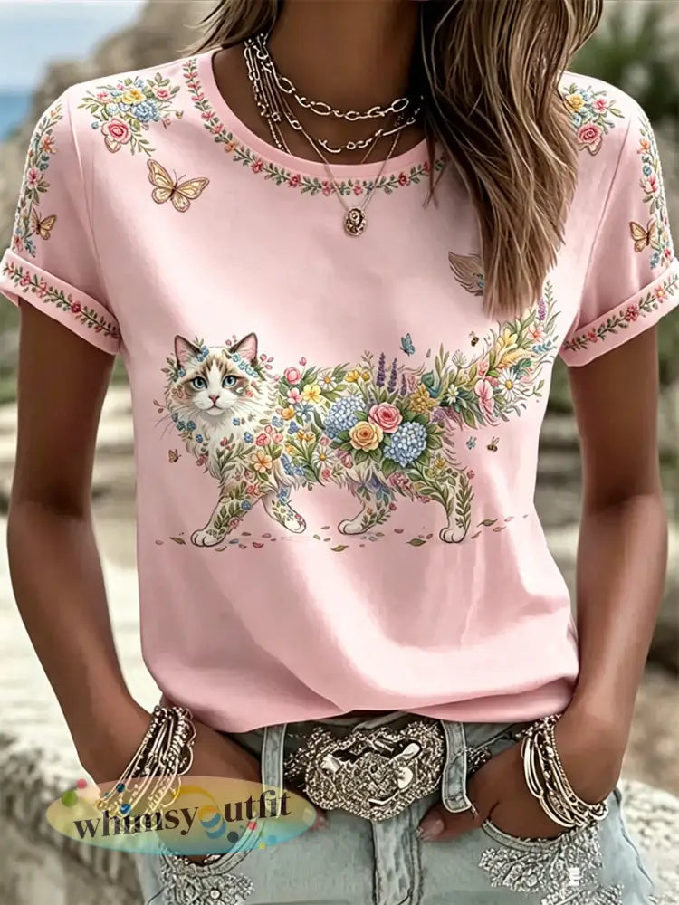 Damescasual T-shirt met bloemen- en kattenprint - Roze / S