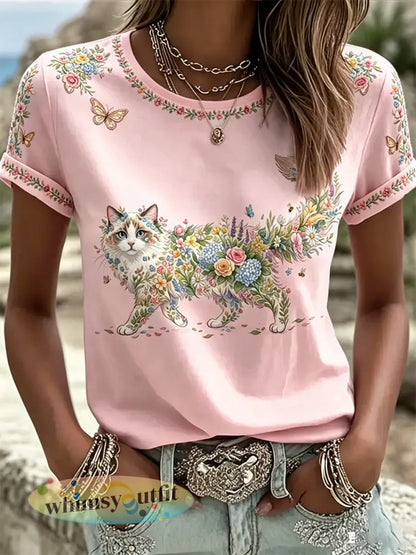 Damescasual T-shirt met bloemen- en kattenprint - Roze / S