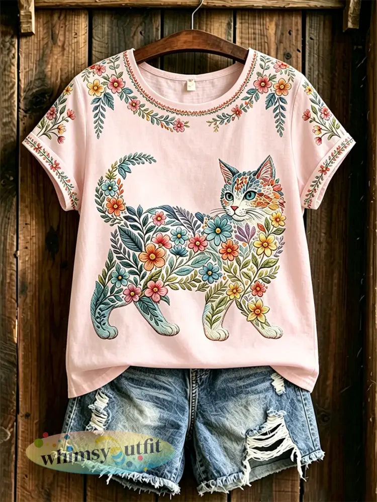Damescasual T-shirt met bloemen- en kattenprint - Roze / S