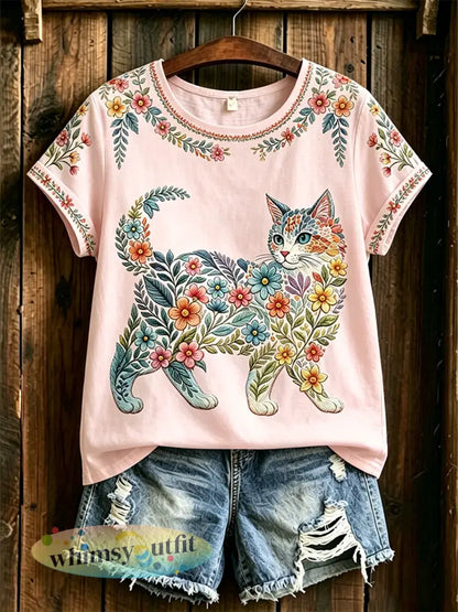Damescasual T-shirt met bloemen- en kattenprint - Roze / S