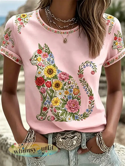 Damescasual T-shirt met bloemen- en kattenprint - Roze / S