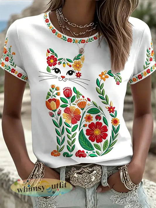 Damescasual T-shirt met bloemen- en kattenprint - Wit / S