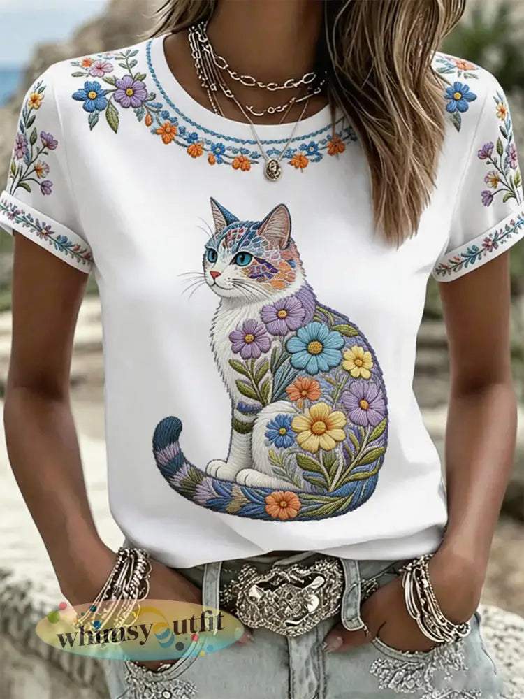 Damescasual T-shirt met bloemen- en kattenprint - Wit / S