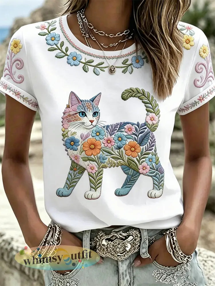 Damescasual T-shirt met bloemen- en kattenprint - Wit / S