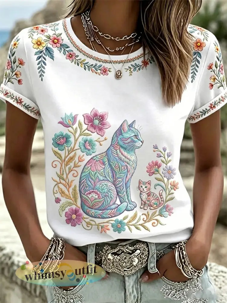 Damescasual T-shirt met bloemen- en kattenprint - Wit / S