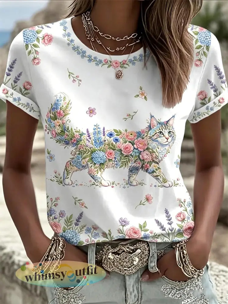 Damescasual T-shirt met bloemen- en kattenprint - Wit / S