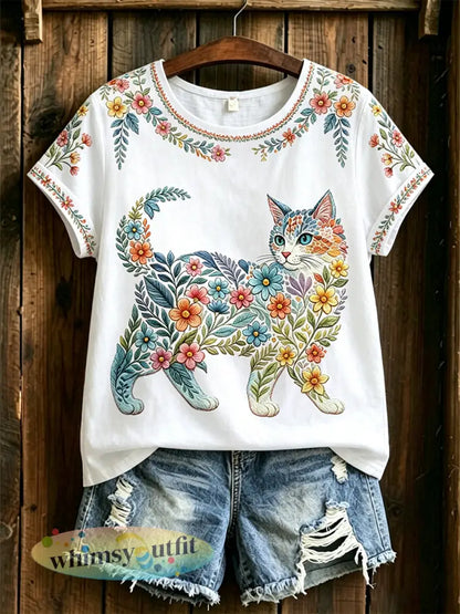 Damescasual T-shirt met bloemen- en kattenprint - Wit / S