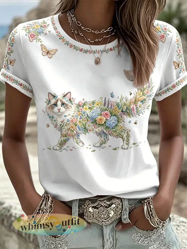 Damescasual T-shirt met bloemen- en kattenprint - Wit / S