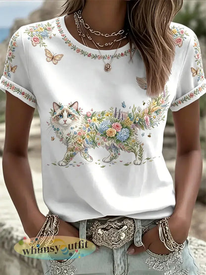 Damescasual T-shirt met bloemen- en kattenprint - Wit / S
