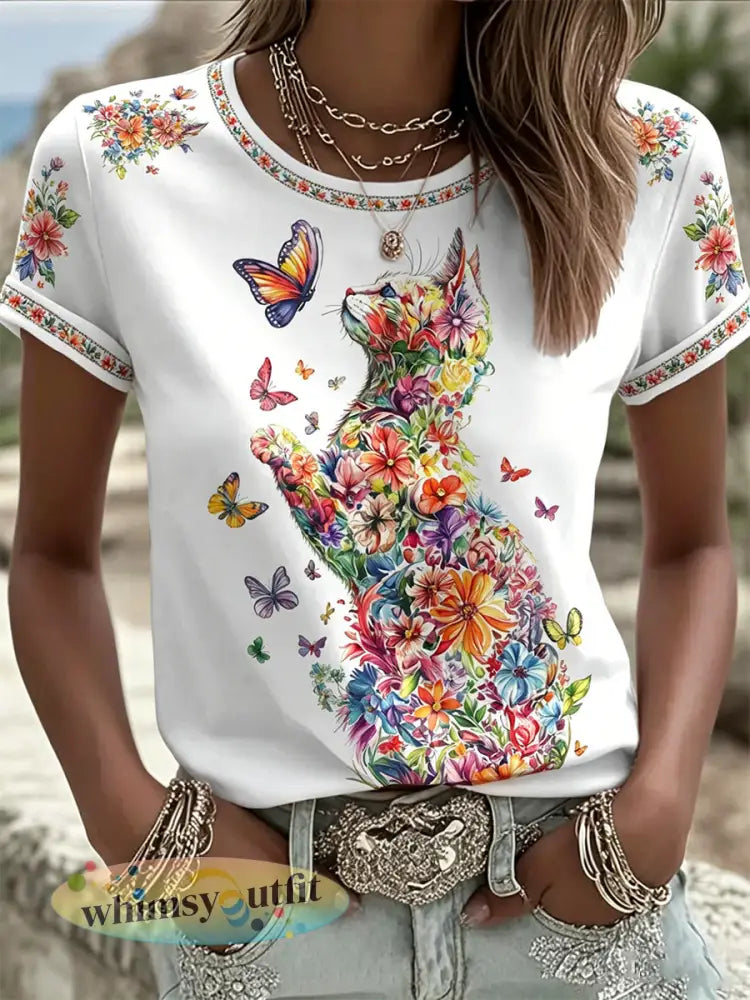 Damescasual T-shirt met bloemen- en kattenprint - Wit / S
