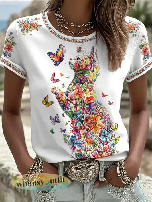 Damescasual T-shirt met bloemen- en kattenprint - Wit / S