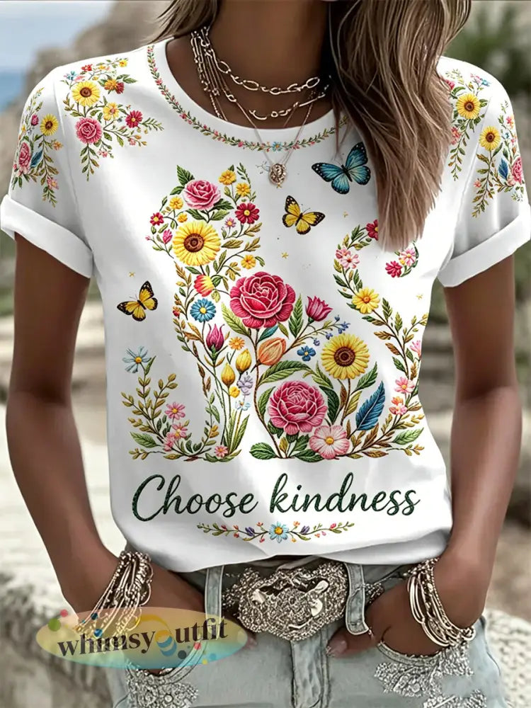 Damescasual T-shirt met bloemen- en kattenprint - Wit / S