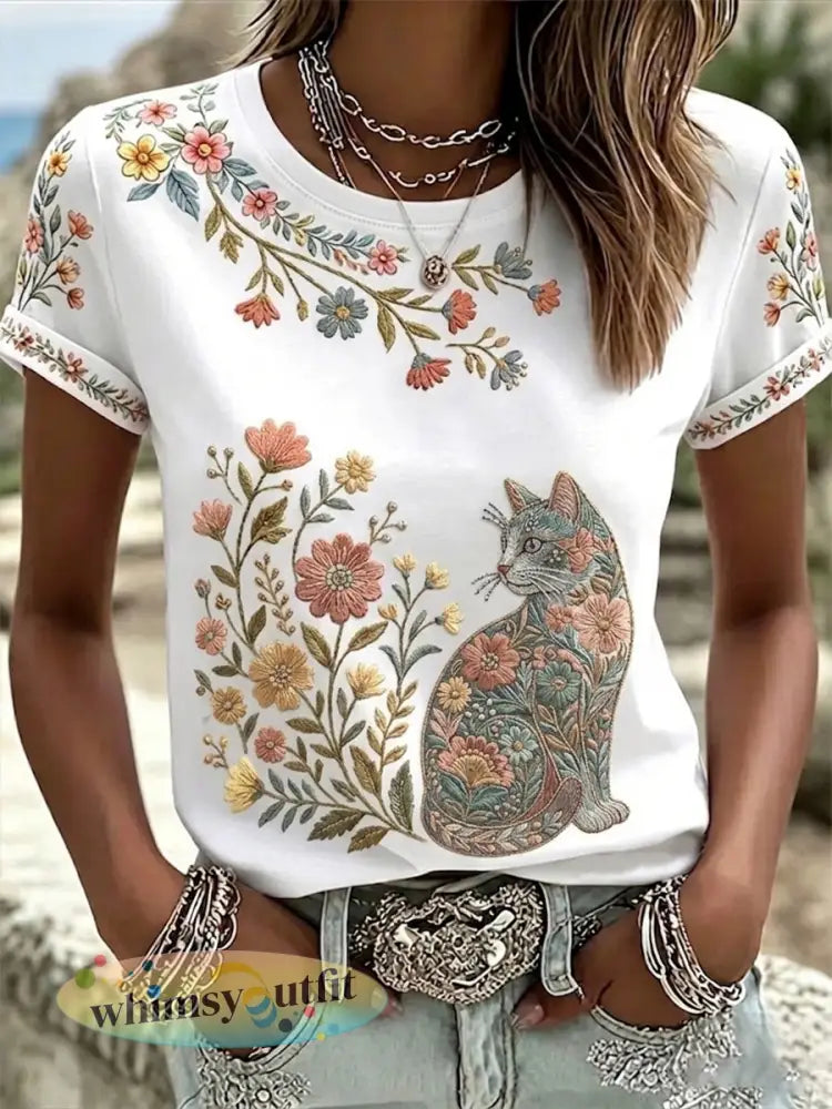 Damescasual T-shirt met bloemen- en kattenprint - Wit / S
