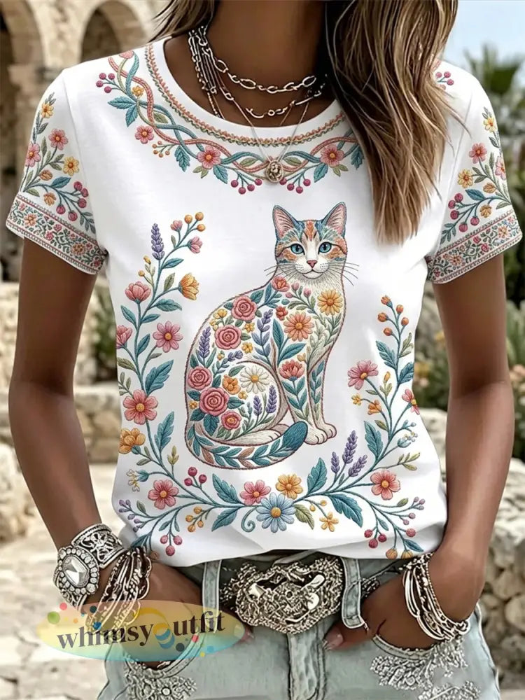 Damescasual T-shirt met bloemen- en kattenprint - Wit / S