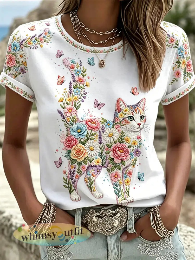 Damescasual T-shirt met bloemen- en kattenprint - Wit / S