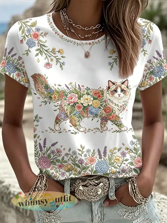 Damescasual T-shirt met bloemen- en kattenprint - Wit / S