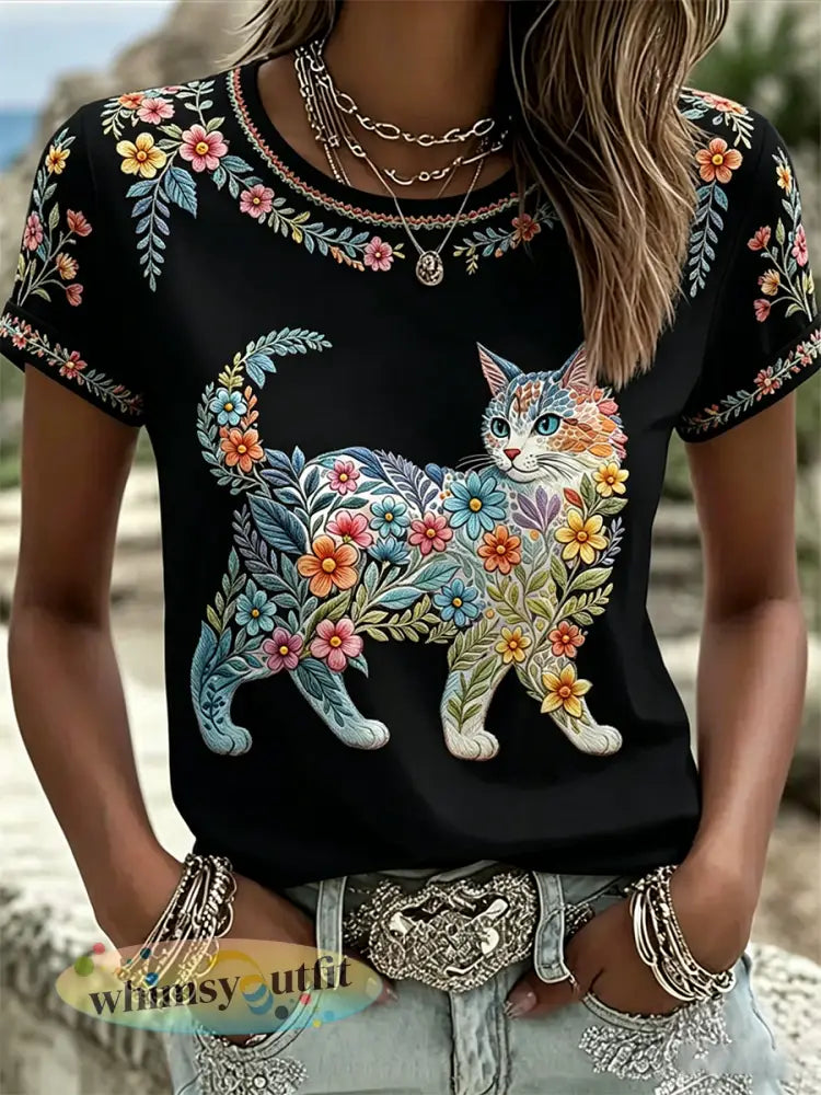 Damescasual T-shirt met bloemen- en kattenprint - Zwart / S