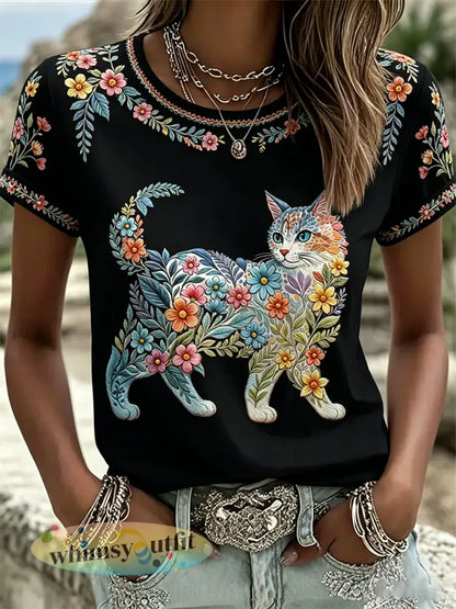 Damescasual T-shirt met bloemen- en kattenprint - Zwart / S