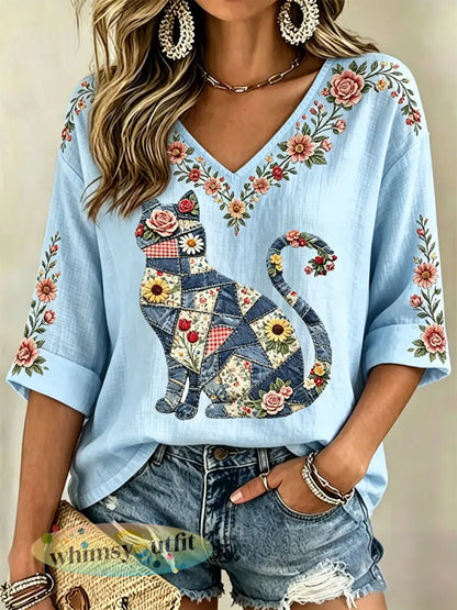 Damescasual top met bloemen- en kattenprint en V-hals - Lichtblauw / S
