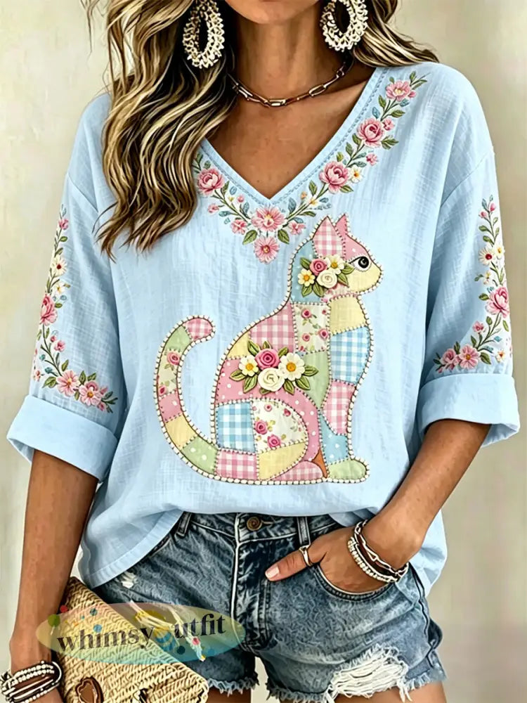 Damescasual top met bloemen- en kattenprint en V-hals - Lichtblauw / S