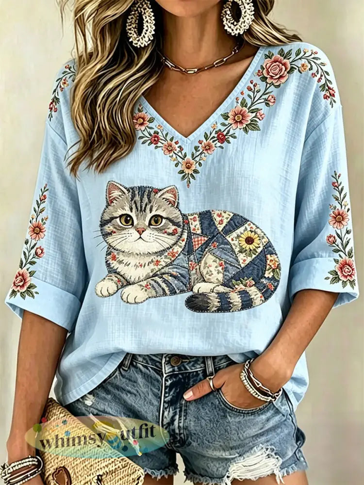 Damescasual top met bloemen- en kattenprint en V-hals - Lichtblauw / S